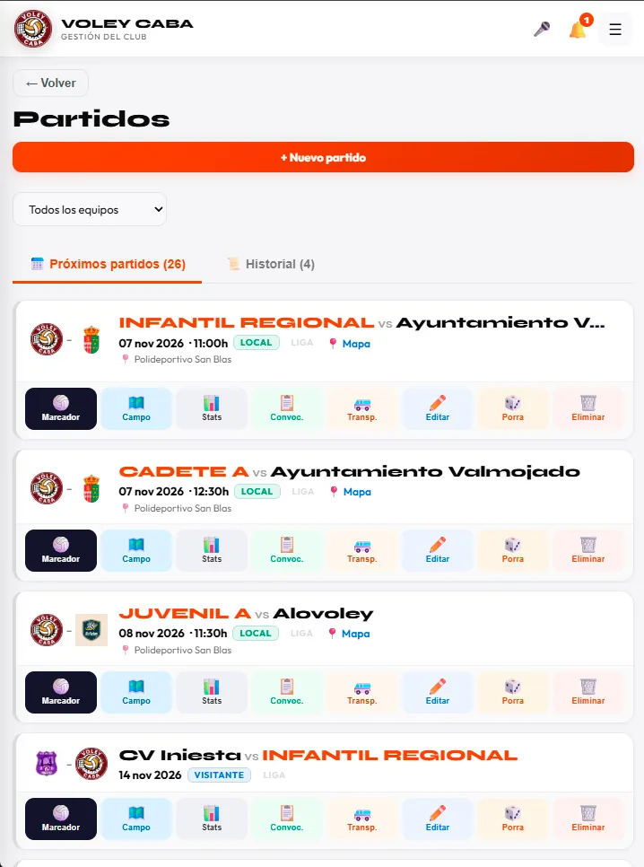 Lista de partidos con convocatoria, transporte y estadísticas